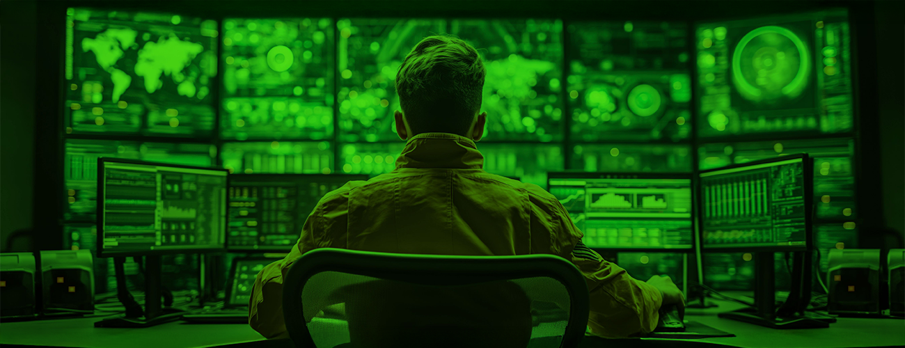 Person in a cybersecurity control room monitoring multiple digital screens, symbolizing data analysis and metadata tracking risks.