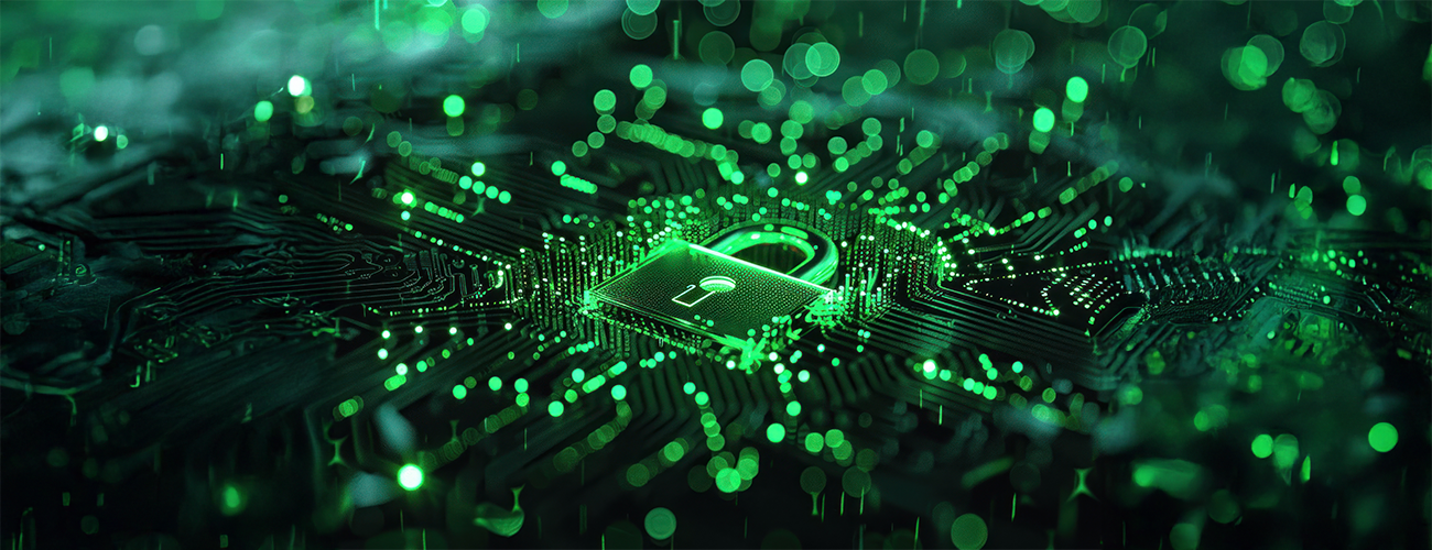 Glowing green padlock on a digital circuit board, symbolizing secure communication and data privacy for businesses.