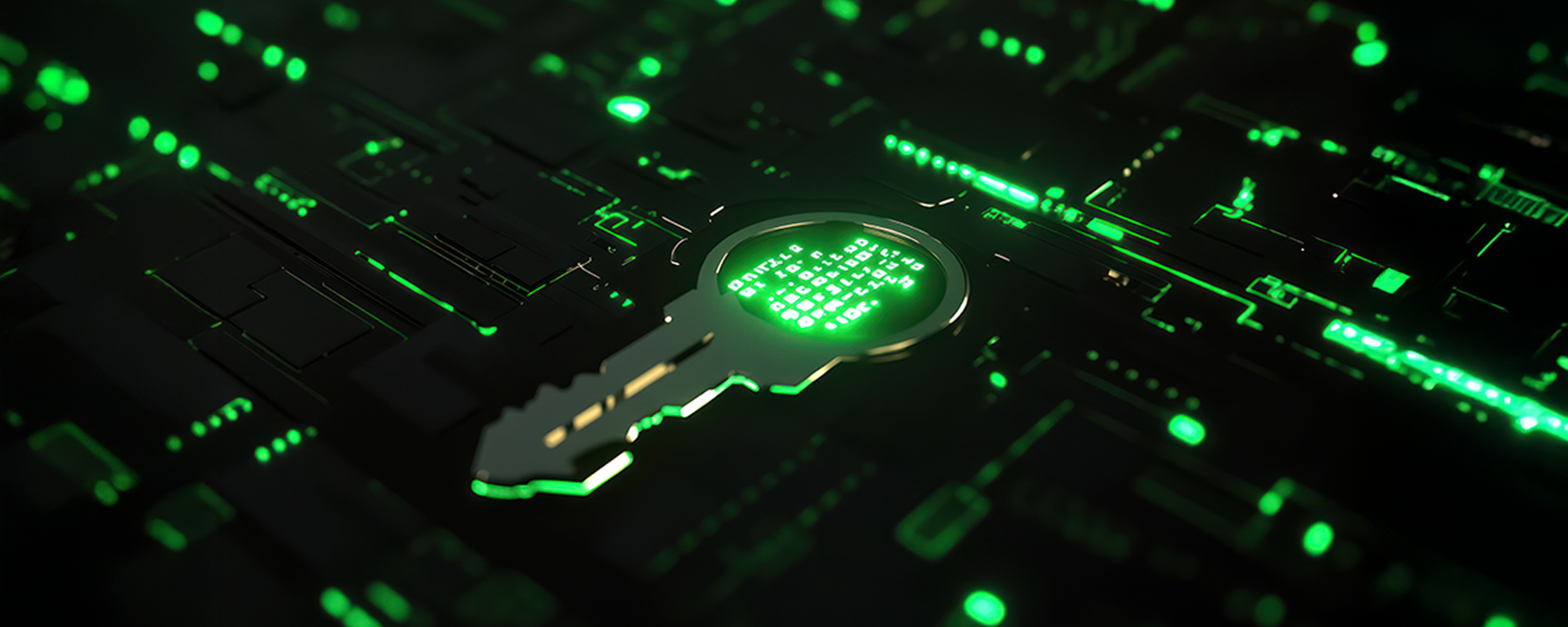 Glowing green digital key on a circuit board, representing data encryption and secure communication for businesses.