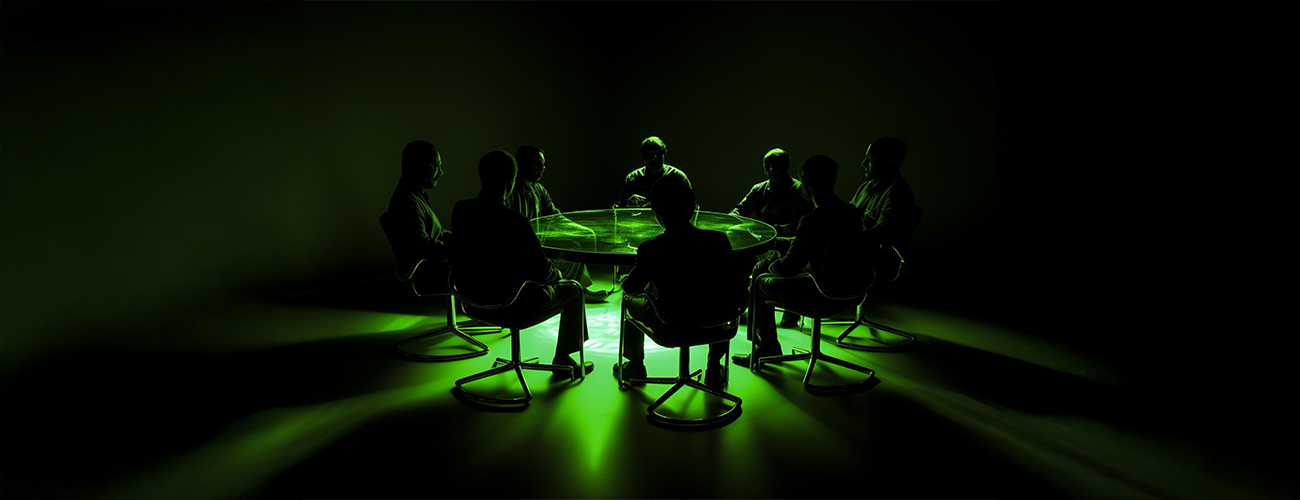 Executives in a dimly lit boardroom around a glowing digital table, symbolizing secure corporate discussions and data privacy protection.