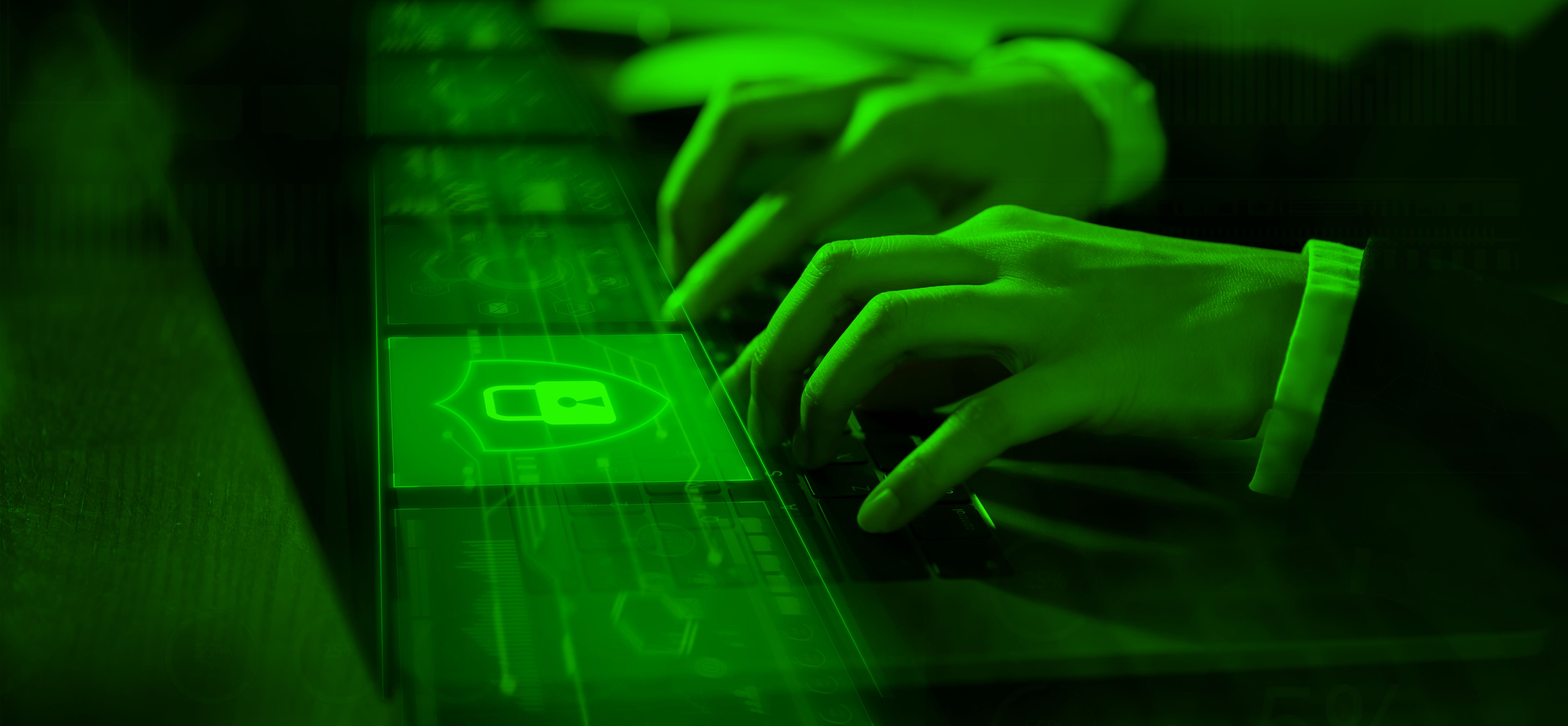 Hands typing on a keyboard with a digital security shield overlay, symbolizing encrypted communication and privacy-focused technology.
