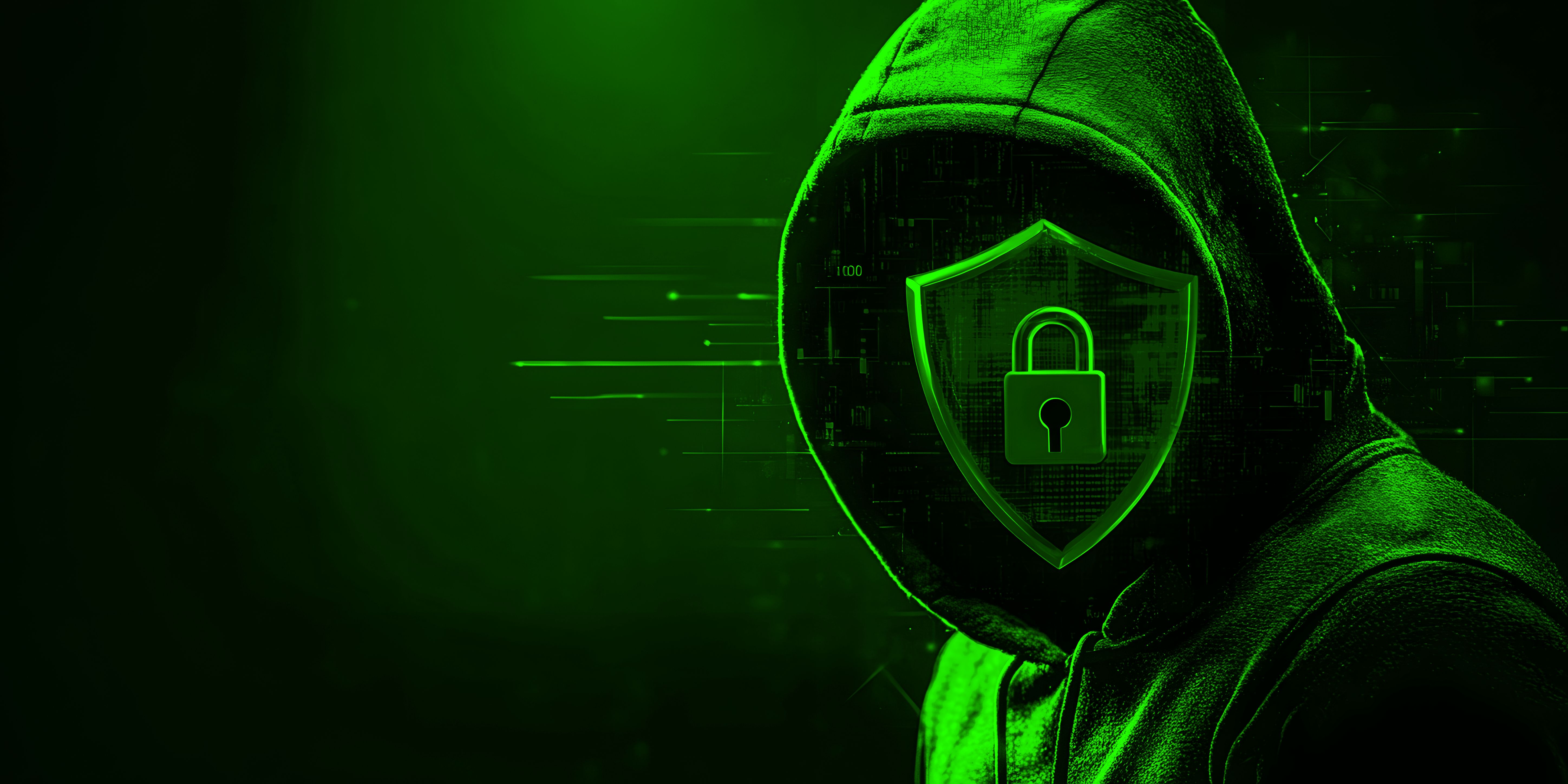 Hooded figure with a digital shield and padlock overlay, symbolizing cybersecurity, data protection, and secure communication.