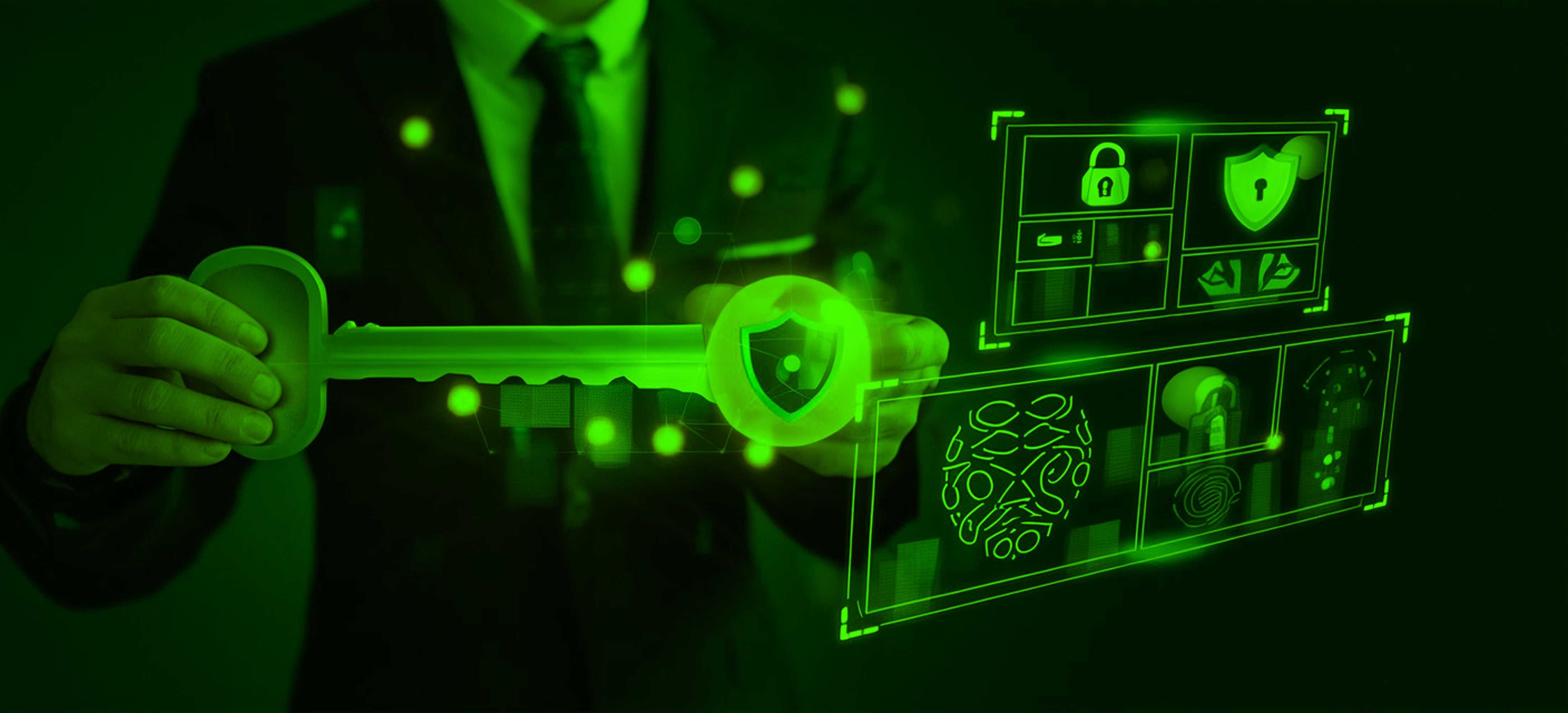 Person in a suit holding a glowing digital key with security icons, symbolizing encryption, data privacy, and secure access control.